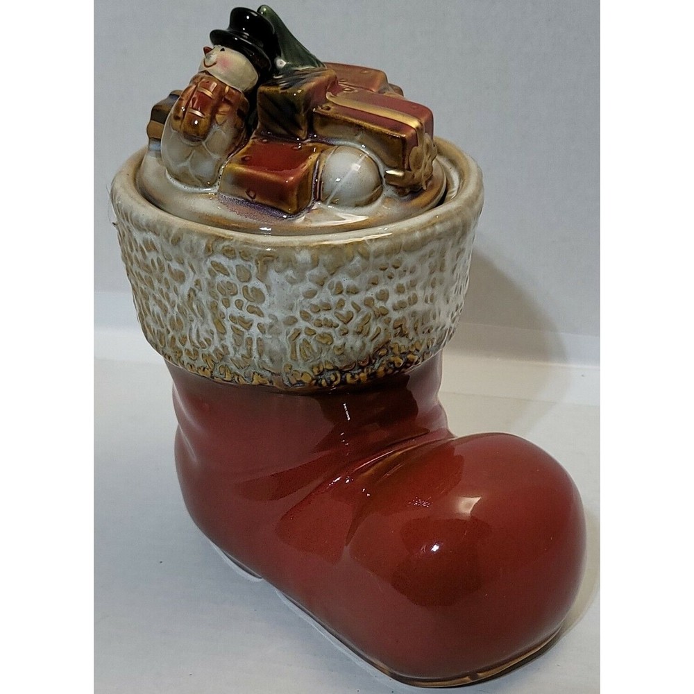 Handpainted Gibson Ceramic COOKIE JAR w/ Lid Christmas Red Santa boot  (7-a)